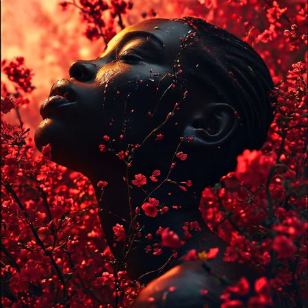 Beautiful black woman with red flowers in her hair. Beauty, fashion.の素材