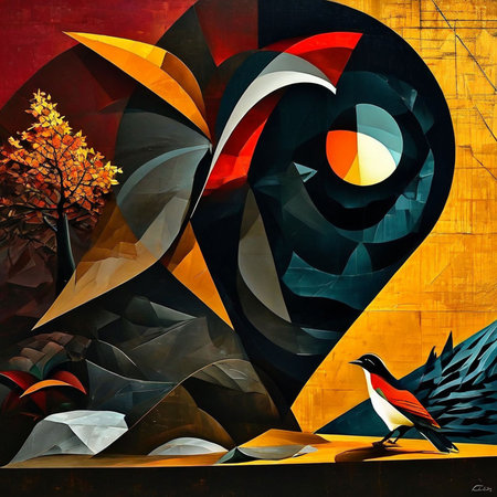 Abstract composition with a bird in the form of a heart on a dark backgroundの素材