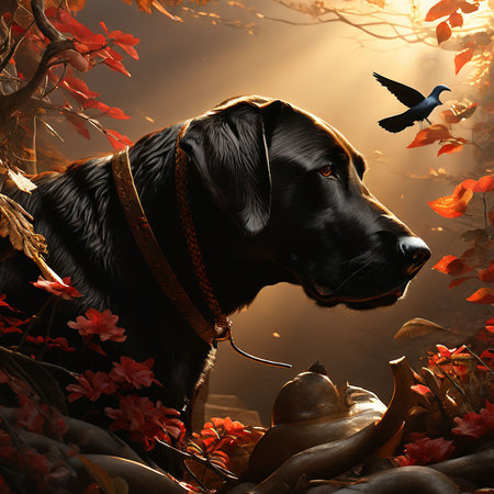 Black dog with teapot and bird on autumn leaves background.の素材