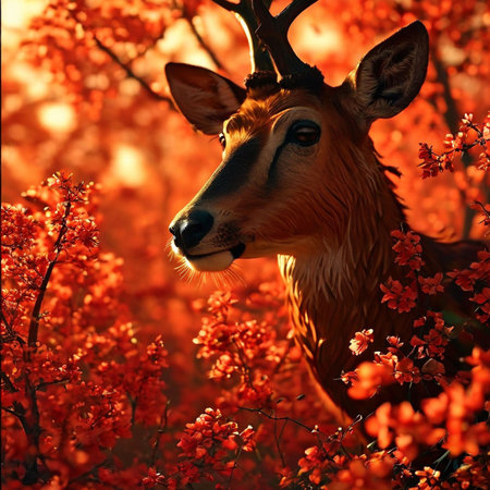 Beautiful deer in the autumn forest at sunset. Beautiful animal in nature.の素材
