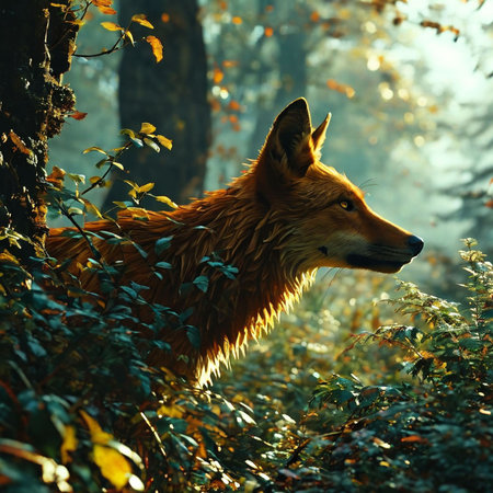 Red fox in the autumn forest. Beautiful wild animal in nature.の素材