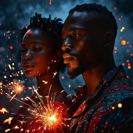 Beautiful african american couple with sparklers on dark backgroundの素材