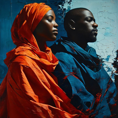 African-american man and woman in orange raincoat. Fashion shot.の素材