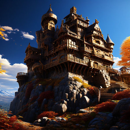 Magic Fairy Tale Castle in the mountains. 3D render. Fantasyの素材