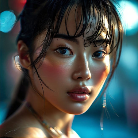 Portrait of a beautiful asian woman in the night city.の素材