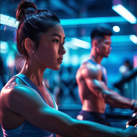 fitness, sport, training, gym and lifestyle concept - young asian woman and personal trainer exercising on treadmill at the gymの素材