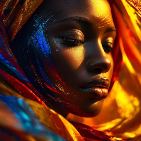 Close-up portrait of a beautiful african woman in a headscarf.の素材