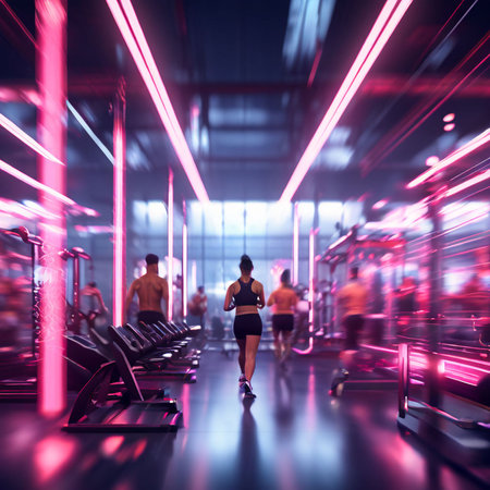 Sporty young woman running on treadmill in modern fitness center at night.の素材