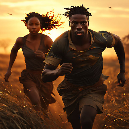 African american man and woman running in wheat field at sunset.の素材