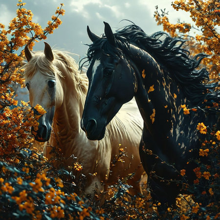 Two horses on a background of blooming yellow flowers. Photo in retro styleの素材