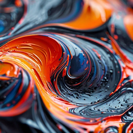 Colorful abstract background of acrylic paints in black and orange tones.の素材