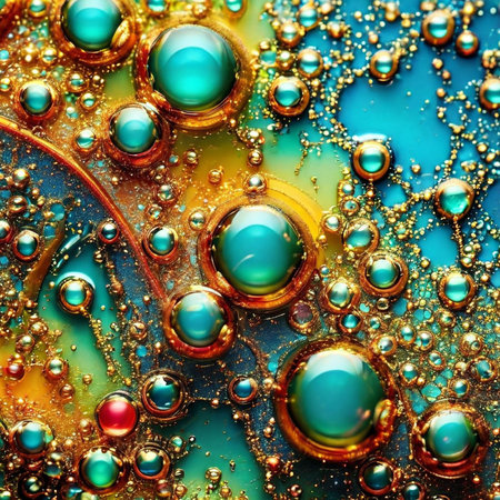 abstract background with drops of oil on the water in blue and yellow colorsの素材