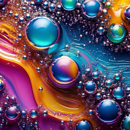Colorful abstract background with oil drops in water. Oil bubbles in water.の素材