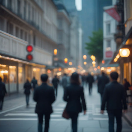 Blurred background of people walking on a street in London, UKの素材