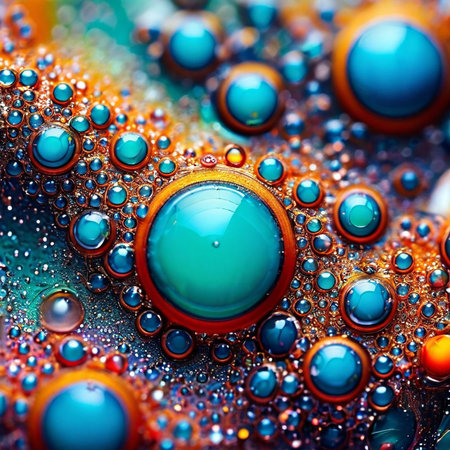 Macro shot of beautiful water drops on colorful background. Close-up.の素材