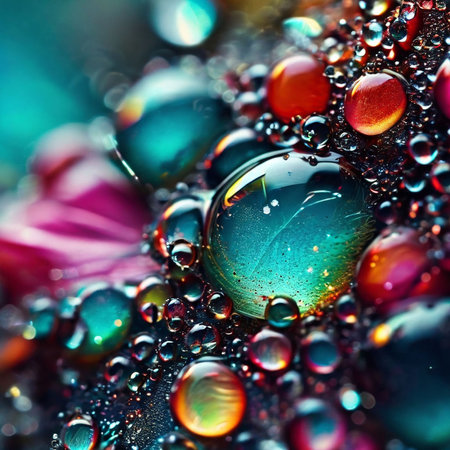 Water drops on a colorful background. Macro photo with shallow depth of fieldの素材