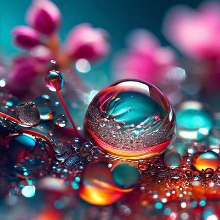 Water drops on colorful background with pink flowers. Beautiful macro photography.の素材