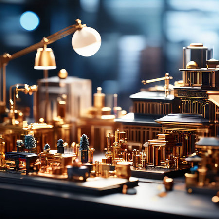 3d illustration of a miniature city with buildings and street lights.の素材