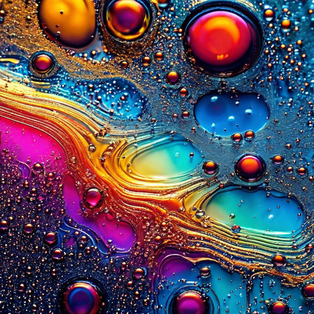 Oil drops on water surface. Abstract colorful background. Close up.の素材