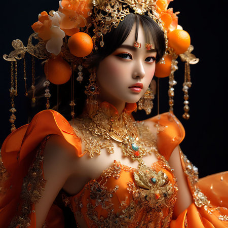 Beautiful asian woman in traditional costume with mandarins.の素材