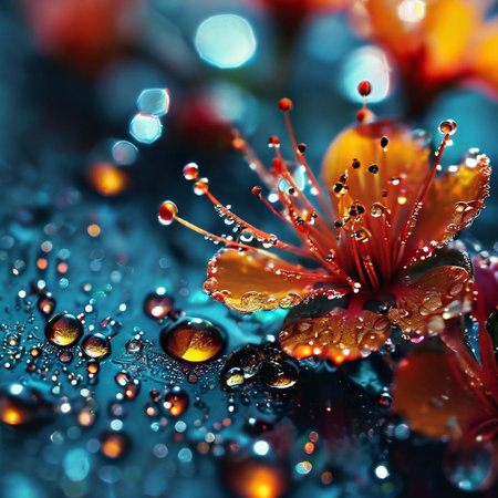 Water drops on a red flower with a bokeh background.の素材