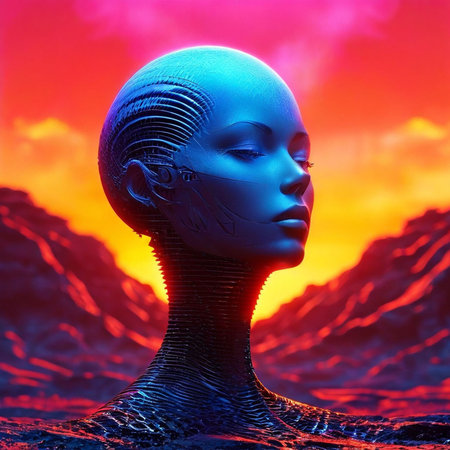 3d rendering of a female robot in a surreal landscape with red skyの素材
