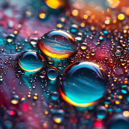 Water drops on a colorful background. Abstract macro photo with shallow depth of field.の素材