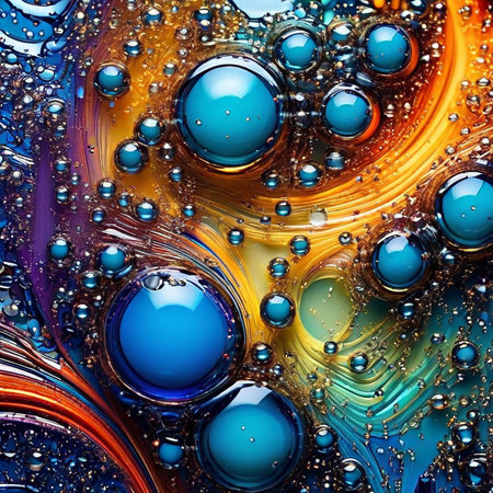 abstract background with oil drops on water surface in blue and orange colorsの素材