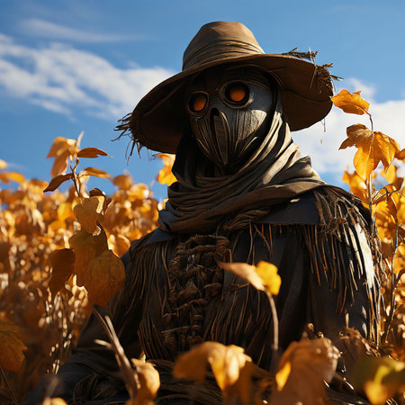 Scarecrow in the corn field with autumn leaves in the backgroundの素材