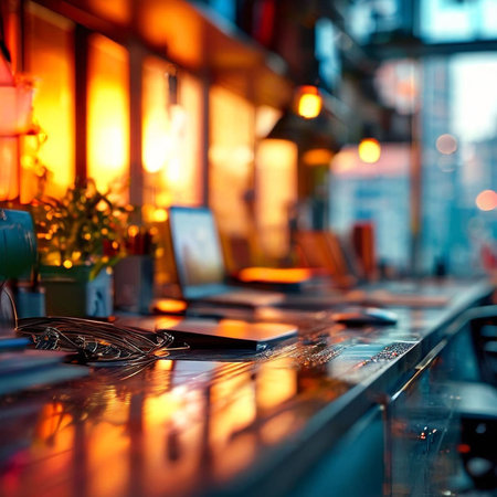 Restaurant cafe interior with tables and chairs, shallow depth of fieldの素材