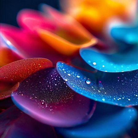 Macro shot of water droplets on colorful rose petals.の素材