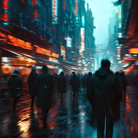 New York City street at night with people walking in motion blur.の素材