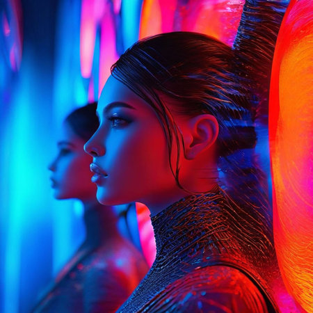 Fashion portrait of beautiful young woman in neon lights. Studio shot.の素材