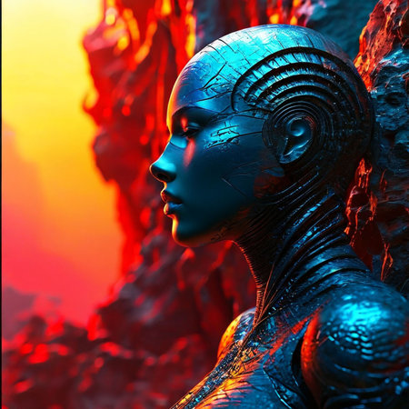 3D rendering of a female robot in a fantasy space scene.の素材
