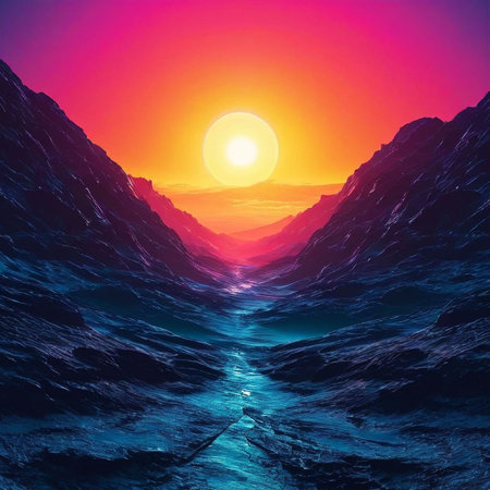 Fantasy alien planet. Mountain and sun. 3D illustration.の素材