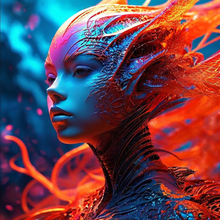 3d illustration of a beautiful woman with futuristic hairstyle and glowing skinの素材