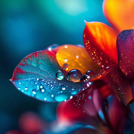 Water drops on a red leaf. Shallow depth of field.の素材