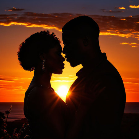 Silhouette of a loving African American couple on the beach at sunsetの素材