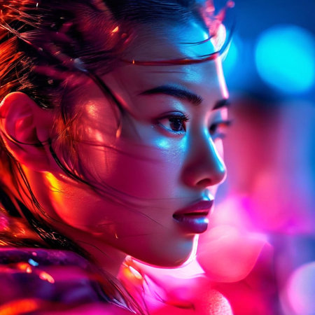 Portrait of a beautiful asian woman with neon light on her faceの素材