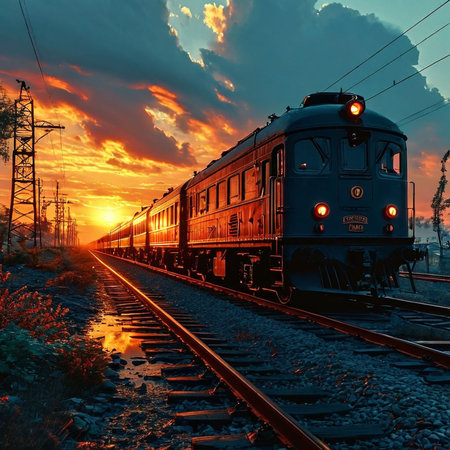 Train on the railroad at sunset. Russia, Krasnodar regionの素材