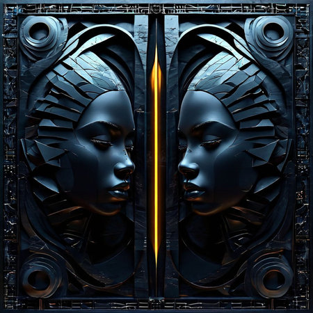 3D rendering of a metal door with two black masks on itの素材