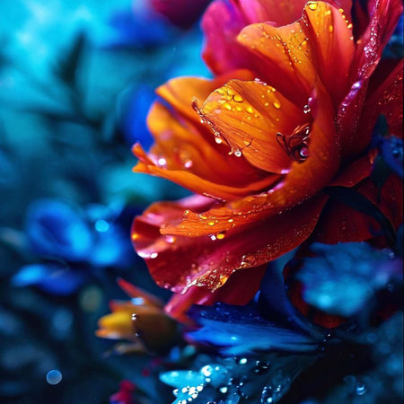 Colorful spring flowers with water drops on petals close-upの素材