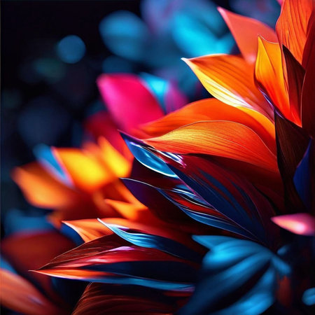 close up of colorful petals of a tropical plant on black backgroundの素材