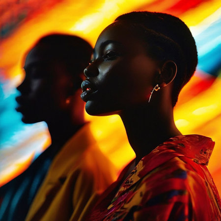 Portrait of a beautiful african american woman with black hair and bright make-up.の素材