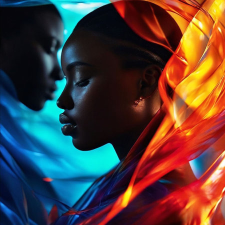 Fashion portrait of beautiful african american woman and man in neon lightの素材