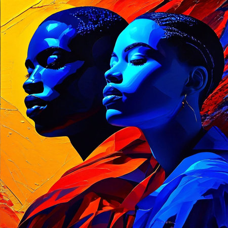 Digital painting of a man and a woman on a colorful background.の素材