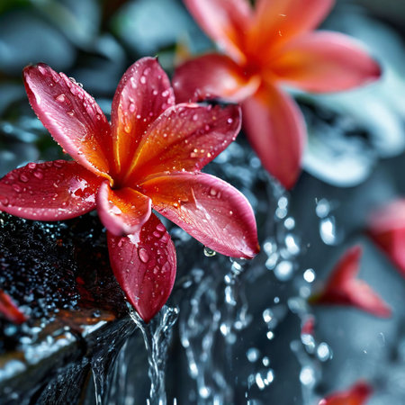 Plumeria flowers with water drops on the black stone background.の素材