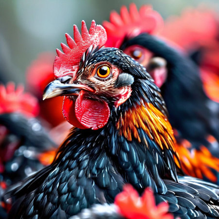 Portrait of a rooster on a background of red roostersの素材