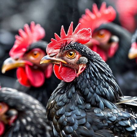 Close-up of a rooster and chickens on a traditional free range poultry farmの素材