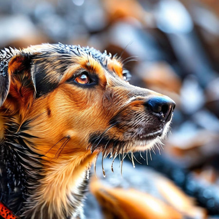 Portrait of a dog on a background of firewood in the forestの素材